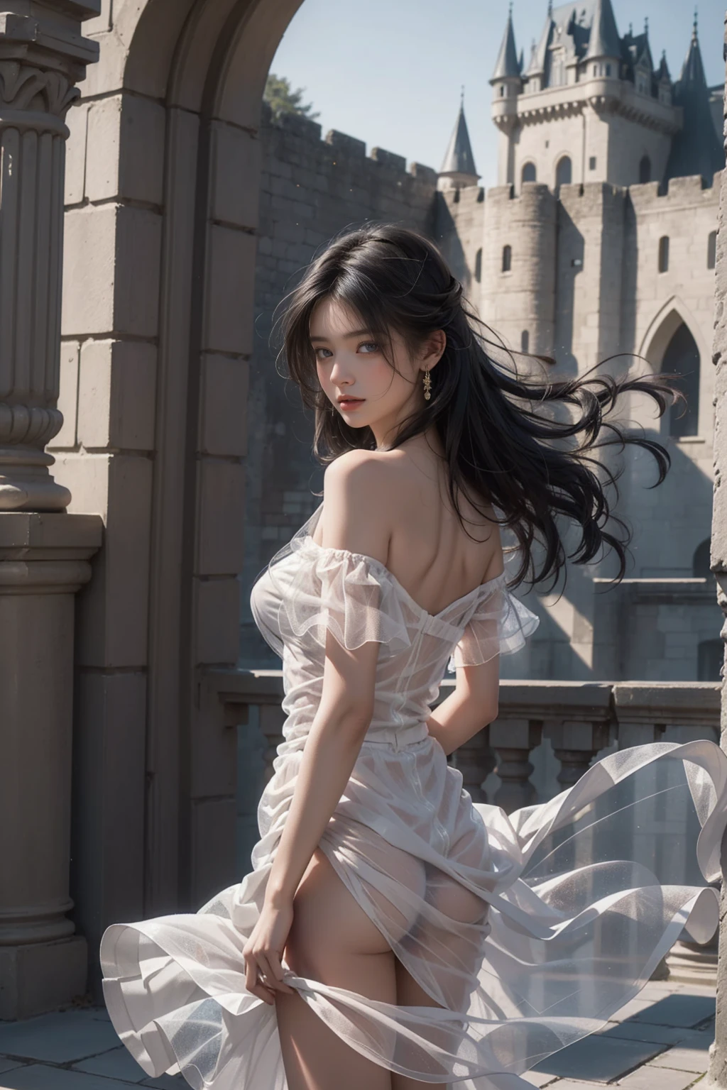 ((Girl standing in front of the wall of an old castle))、(Rear view)、(look back)、Fluorescent color、1 girl、Looking to the side、Beautiful face、Beautiful eyes、(Off the shoulder:1.2)、Upper Body、Shiny Hair、Glowing Skin、 Reduce glare、The proportions of the fingers have been adjusted、Escrow、ass pov、Dynamic Angle、(((Master part)))、(((highest quality)))、(((Super-detailed))) detailed)、(An illustration)、(Detailed light)、(Very delicate and beautiful)、Dramatic_Shadow、Ray_Tracking、reflection、 Ultra-high resolution、((A girl with colorful hair and mesh in her black hair))、 Her hair flutters in the wind、(Large deep blue eyes)、Black Haired Woman、 Sparkling Butterfly、Black-haired woman、Points of light around the woman、Magical Aura、Green dot、Aura About Natural、超Magical AuraBlack-haired woman,((Semi-transparent white open shoulder dress:1.3))、(No sleeve)、((My skirt is flying up in the wind)),((An old European castle is hazy in the distance)),((White panties are visible)),
