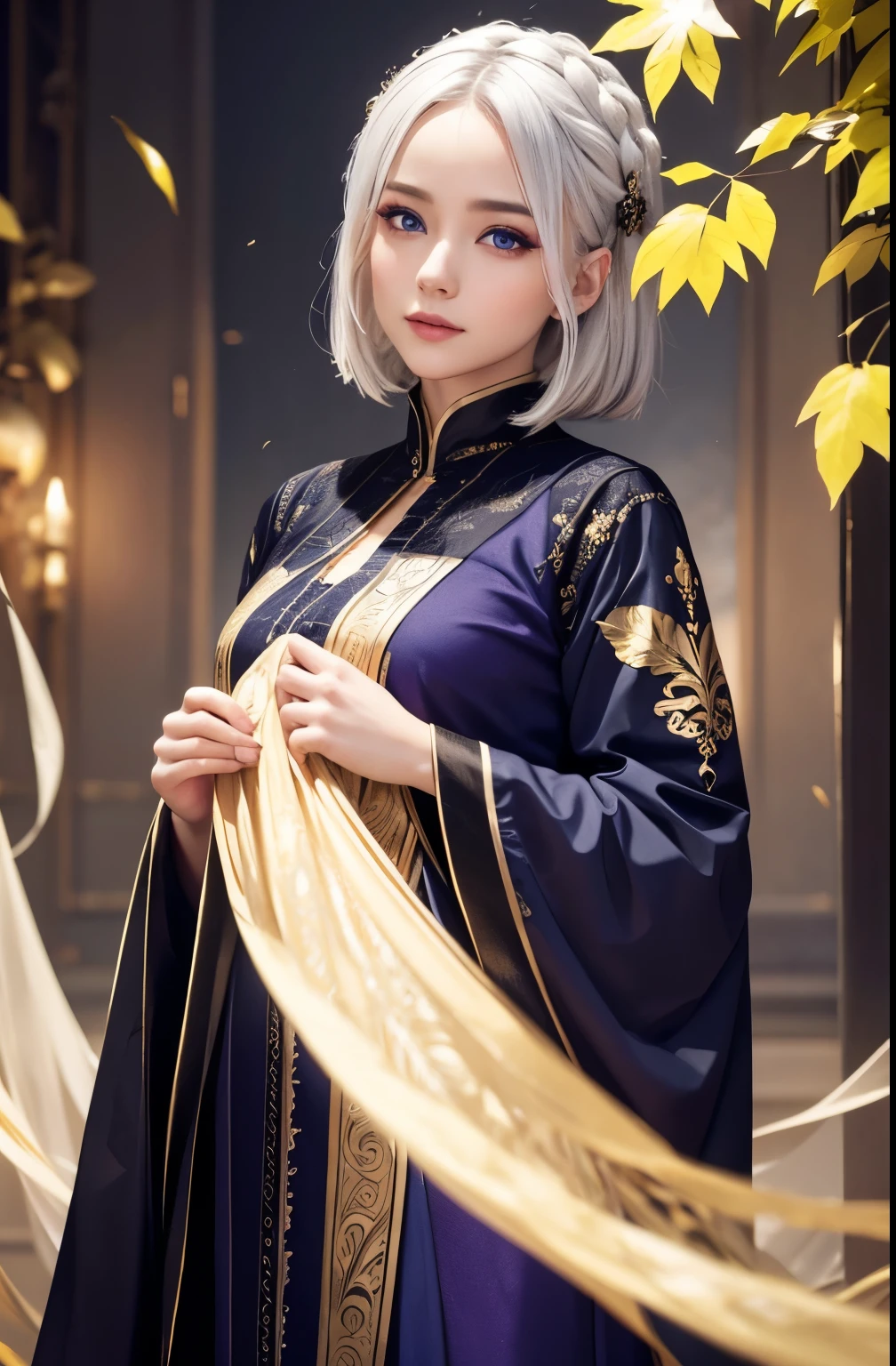 Young woman(Dress Gold Patterns with Black Purple Color,bright colors,White hair,blue eyes,makeup Bright),background(Golden Leaves Circling,Like Lights,a mystic,Pleasant Tone and Gentle Atmosphere) masterpiece,ultra detail,top quality,8 K