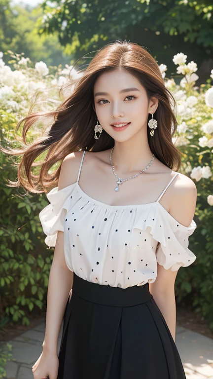 (Highest quality、 8k 、masterpiece、High resolution)、Young lovely woman、Ample breasts、Smooth and unnoticeable collarbone、Slender beauty、(Brown hair medium、My hair is blowing in the wind、Flows backwards)、Full Body Shot、 (Beautiful Face,Beautiful Eyes,Beautiful nose,Pretty lips)、(Stephanie hoove earrings、silver heart necklace)、((Black tops、White and monochrome dot long skirt(Ankle length))、Her mouth opens slightly and a smile appears.、Dynamic pose、Outdoor、(A Western-style garden filled with blooming flowers)、A red brick building is visible、Colorful flowers、looking at the camera、Professional Lighting、Professional photographer、Detailed CG、