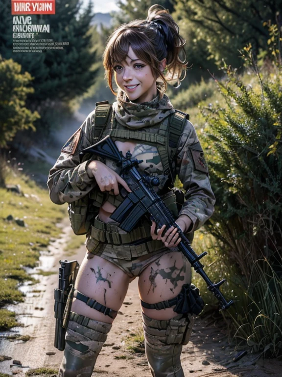 Gun magazine cover, showing Lindsey Stirling, naked in a warzone, intimate tattoos, gunfire, explosions, muddy, multicam clothing, ponytail, legs apart, cheerful smile, wearing authentic multicam uniform, equipment belt, camo paint, finger to lips, holding realistic Glock style handgun, pinching nipple, naked