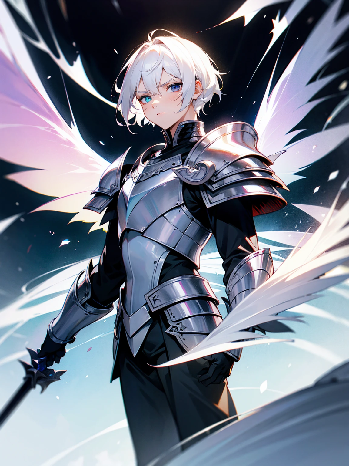1male, white hair, armor, black eyes, heterochromia, armor, black fairy wings, void, serious