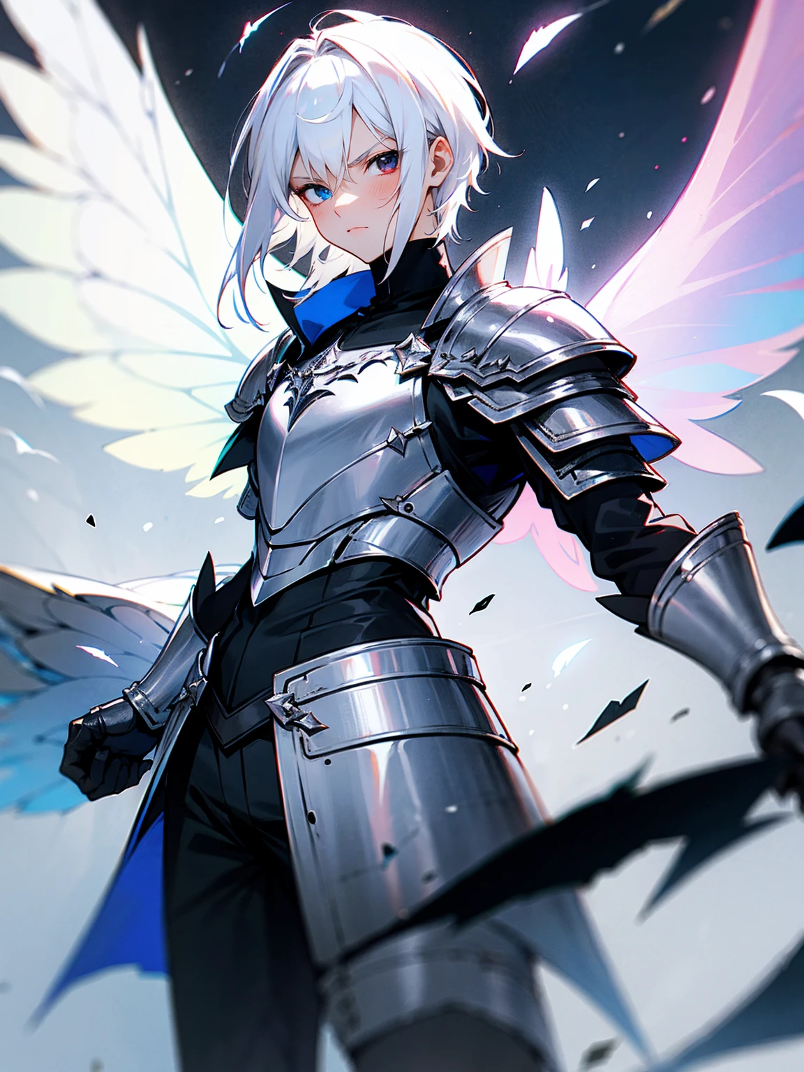 1male, white hair, armor, black eyes, heterochromia, armor, black fairy wings, void, serious