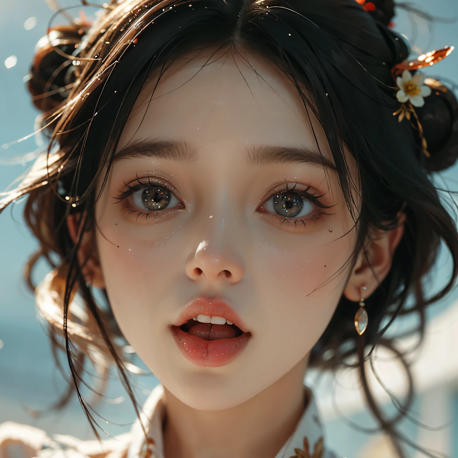 ExtremelyDetailed Kawaii girl Face,(Close-up big lips), glossy lips with beautiful details, Coquettish tongue, Kissing to camera, towards the viewer, 8K TopQuality masterpiece,an extremely delicate and beautiful (ProfessionalPhoto:1.37), Amazing,finely detail,official art,incredibly absurdres,ultra-detailed,close-up shot, close up, (fish eye lens), wide lens, macro lens, Detailed brilliant Eyes ElaboratePupils with (sparkling highlights:1.28) (Delicate Voluminous LongEyelashes:0.88), (offshoulder Sticking tongue)