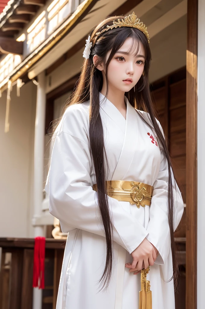 White hunting uniform, a shinto shrine maiden, detailed face, detailed eyes, detailed lips, long straight brown hair, gold simple thin hair tiara, red straight lines on white outfit, conservative outfit, holding silver scissors, standing in a shrine courtyard, upper body closeup, high quality, digital art, photorealistic, dramatic lighting, cinematic, masterpiece