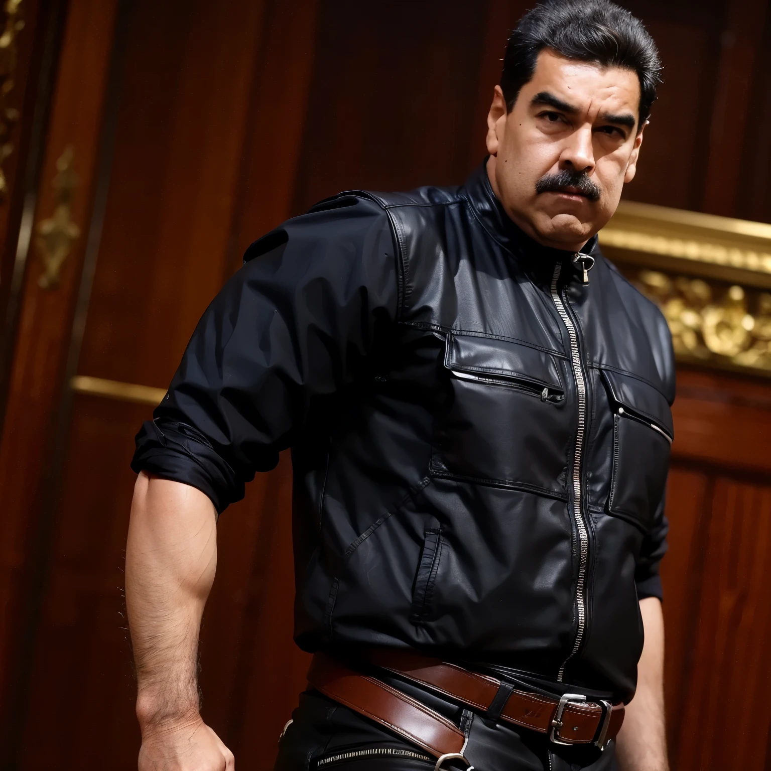 (masterpiece, best quality:1.2) The man is wearing a black tactical vest and fingerless gloves, highlighting his strong and muscular physique. He also has a tool belt with several pouches, adding to his action-oriented appearance.
The subject stands confidently with his arms crossed, exuding a sense of power and readiness. His facial expression is intense, with a slight furrow between his eyebrows, matching the dramatic and stormy surroundings.