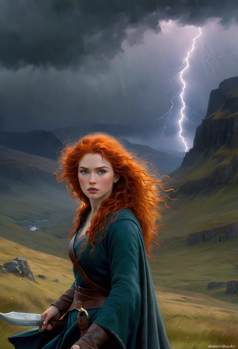 (masterpiece), cartoon, best quality,(photo_(medium):1.0), by Antonio J. Manzanedo, by Jeremy Lipking, lightning, in a surreal Scotland highlands scenery, painting style with watercolor, Brushstrokes, colorful,vibrant colors,1 ultra hot gorgeous woman, curled ginger hair. Merida from Disney brave in sexy S pose. Stormy weather.