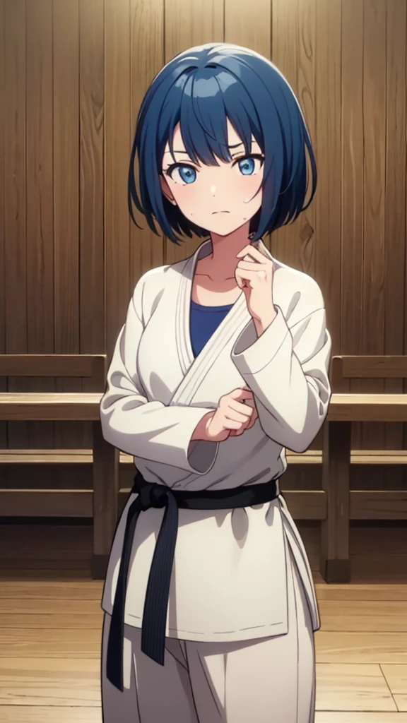 ((masterpiece, Highest quality, Very detailed, Very nice 8K CG wallpaper)), , A little thick, Medium Hair, Blue Hair, short hair, blue eyes,judo player、長袖judo着、Large bust、ロングjudoパンツ、judo、Serious expression、Inside the judo Gymnasium、、On the tatami、discovery、One Girl、Ready for battle、A tough fight、haruka kiritani、Bust Size C Cup、sweating