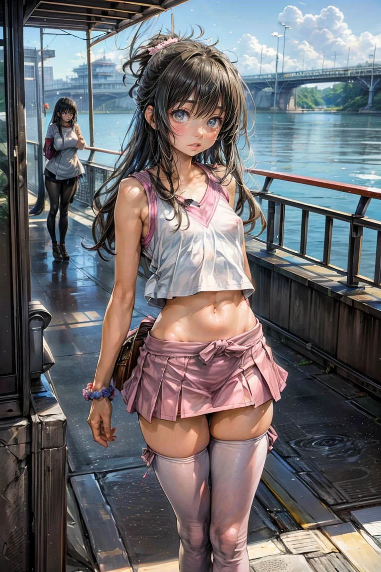 Beautiful nipple stand、1 girl, ( Looks very young:1.2) , (Flat Chest:1.2), High school girl sailor costume Looks very young.... ,, {{cute:1.3}}, trembling:1.3}3, , Black Hair, ponytail, sun、 Brown eyes, noon,, Looking at the audience, Angry face with open mouth,sun, , Long Hair, belly button, Scrunchie, bangs, Expose your shoulders,Dynamic leg spread pose:1.2, I have a bag:1.2,学校のarchitecture, Near the sky, architecture, Side Lock, ヘアScrunchie, Outdoor, Sky Porn,Ezvian everywhere:1.3, (She is still a .............、Beautiful slender body、 )、 (A gal showing off her flashy pink pants in a miniskirt),(Small breasts, Small breasts, Tight waist)、High school girl sailor costume、Best Smile 2.0