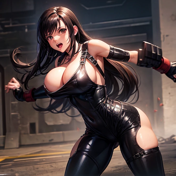 Tifa Lockhart　Glossy black bodysuit　Huge breasts　Underground Fighting Arena