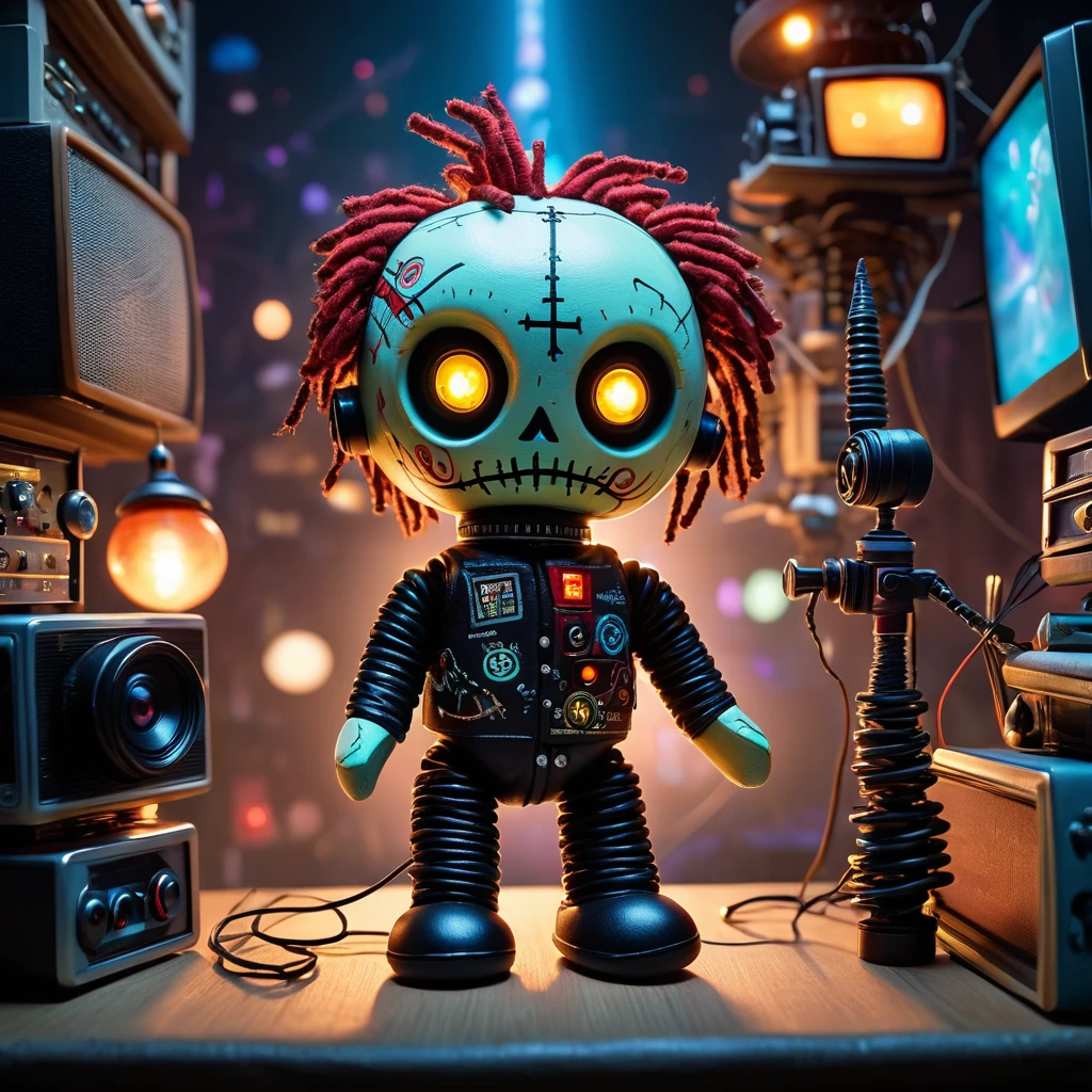 (knitted toy voodoo doll:1.7), (Voodoo on a city TV tower with animated signals:1.3), (Clothing: tattered technician attire with mystical symbols:1.0), (Accessories: miniature floating antennas, tiny glowing signal waves, small enchanted control panels:1.2), (background: towering TV tower with flickering lights and glowing magical signals, ethereal light illuminating the scene:1.2), best quality, masterpiece, detailed soft oil painting, detailed background, dramatic cinematic lighting, soft edge lighting, professional, dramatic lighting, hard edge lighting, ultra quality, 4k,masterpiece, best quality, 8k, ultra highres, highres, extremely detailed