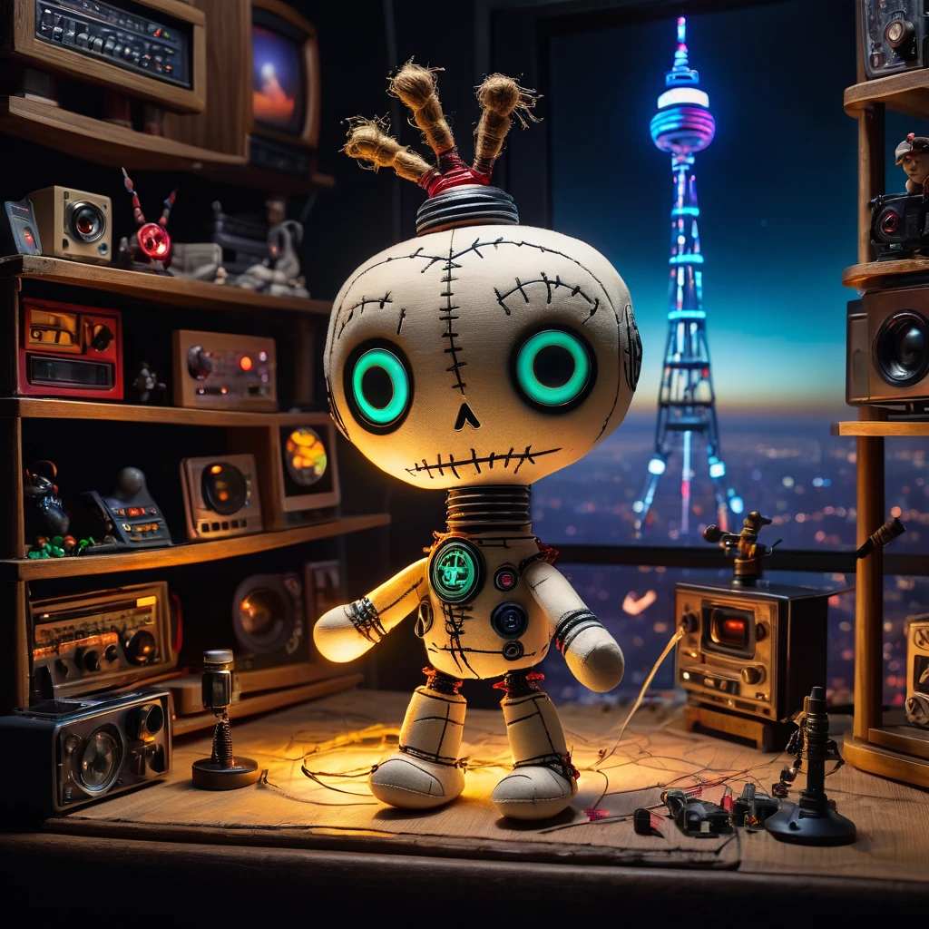 (knitted toy voodoo doll:1.7), (Voodoo on a city TV tower with animated signals:1.3), (Clothing: tattered technician attire with mystical symbols:1.0), (Accessories: miniature floating antennas, tiny glowing signal waves, small enchanted control panels:1.2), (background: towering TV tower with flickering lights and glowing magical signals, ethereal light illuminating the scene:1.2), best quality, masterpiece, detailed soft oil painting, detailed background, dramatic cinematic lighting, soft edge lighting, professional, dramatic lighting, hard edge lighting, ultra quality, 4k,masterpiece, best quality, 8k, ultra highres, highres, extremely detailed