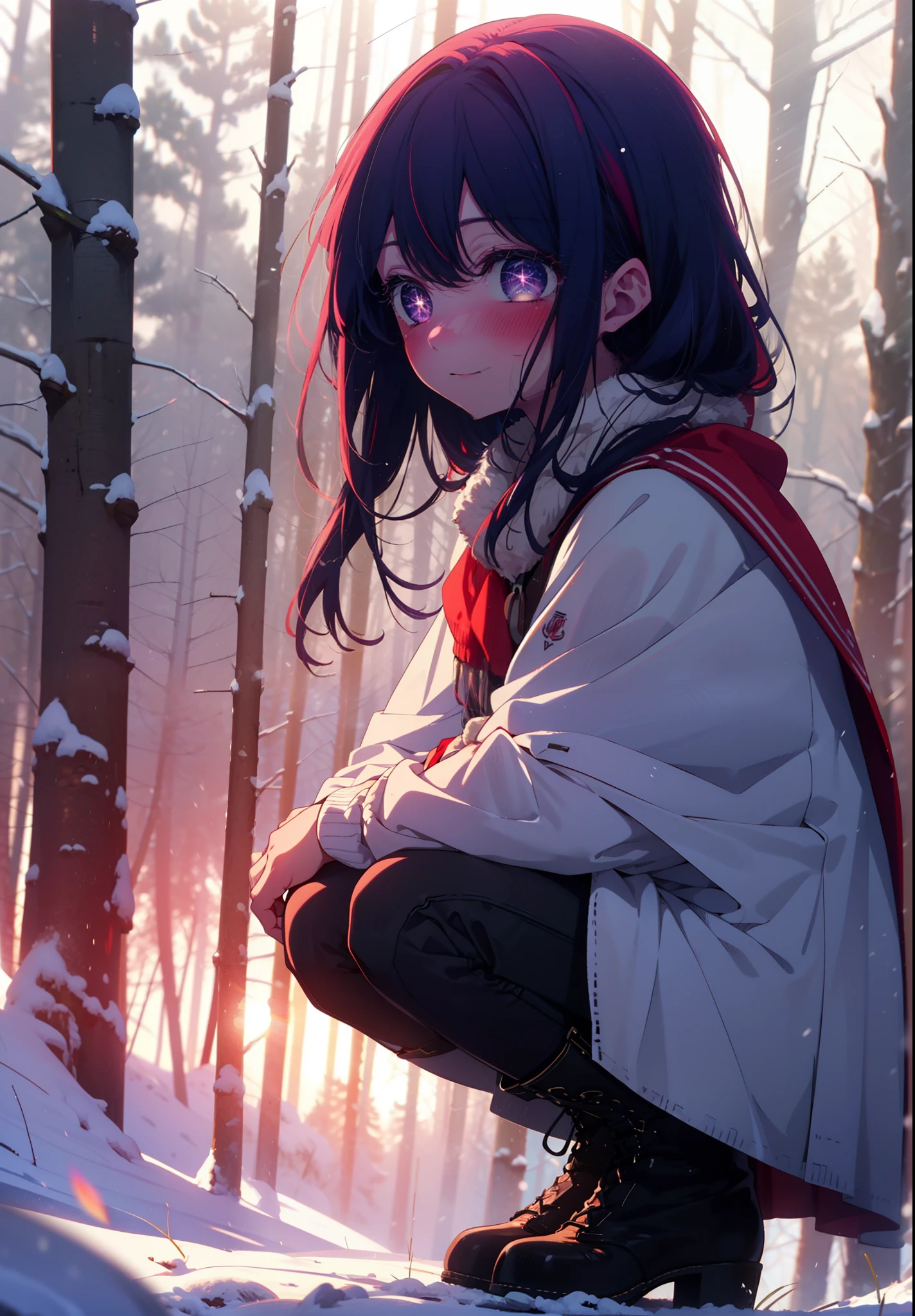 aihoshino, Ai Hoshino, Long Hair, bangs, (Purple eyes:1.1), Purple Hair, (Symbol-shaped pupil:1.5), smile,,smile,blush,white breath,
Open your mouth,snow,Ground bonfire, Outdoor, boots, snowing, From the side, wood, suitcase, Cape, Blurred, , forest, White handbag, nature, Squat, Mouth closed, Cape, winter, Written boundary depth, Black shoes, red Cape break looking at viewer, Upper Body, whole body, break Outdoor, forest, nature, break (masterpiece:1.2), Highest quality, High resolution, unity 8k wallpaper, (shape:0.8), (Beautiful and beautiful eyes:1.6), Highly detailed face, Perfect lighting, Highly detailed CG, (Perfect hands, Perfect Anatomy),