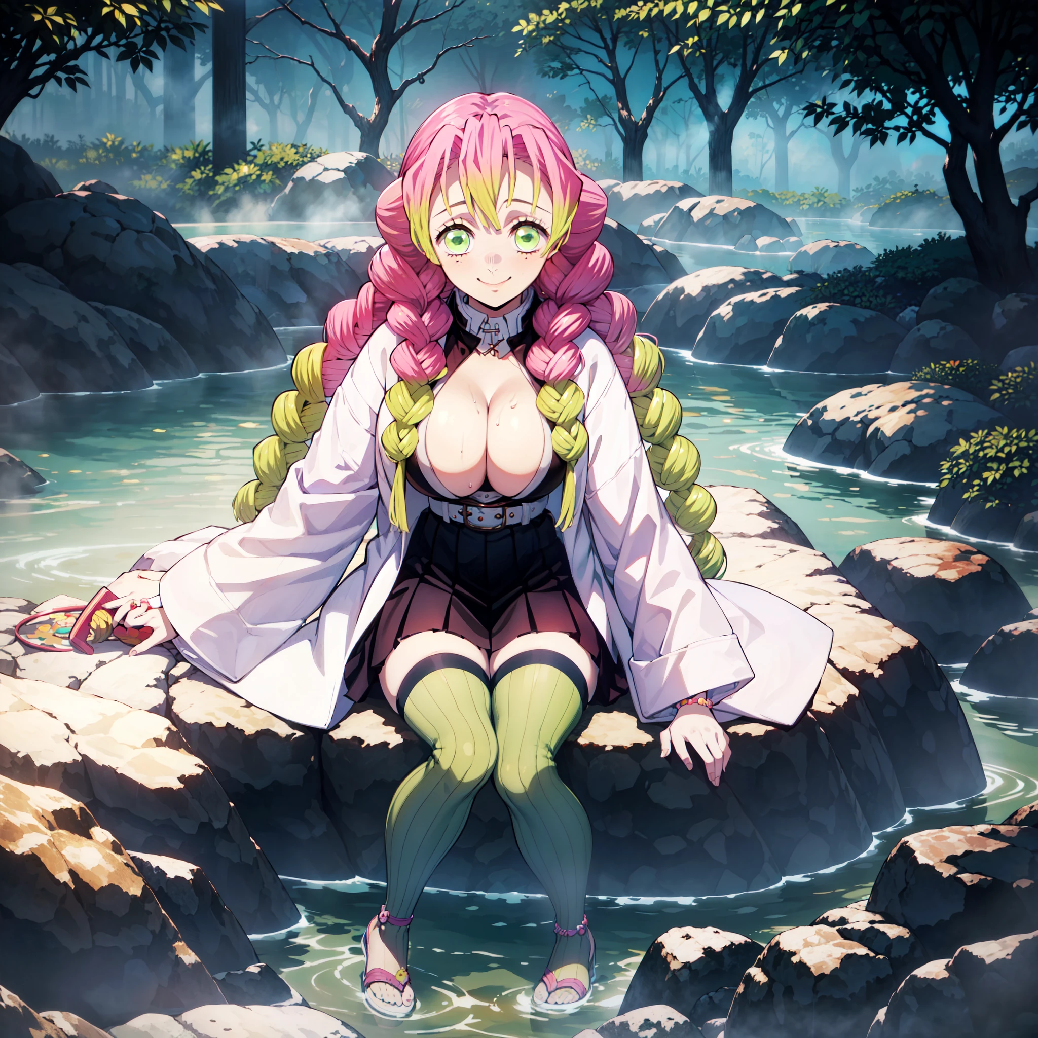 night, hot spring, sit cross-legged,smile, 1girl,underwater,take a hot spring bath, MitsuriKanroji, (solo, full body, White coat, belt, black dress, skirt, green striped stockings, straw sandals, Large breasts, breasts cut_out),, Misty mist,((masterpiece)), best quality,