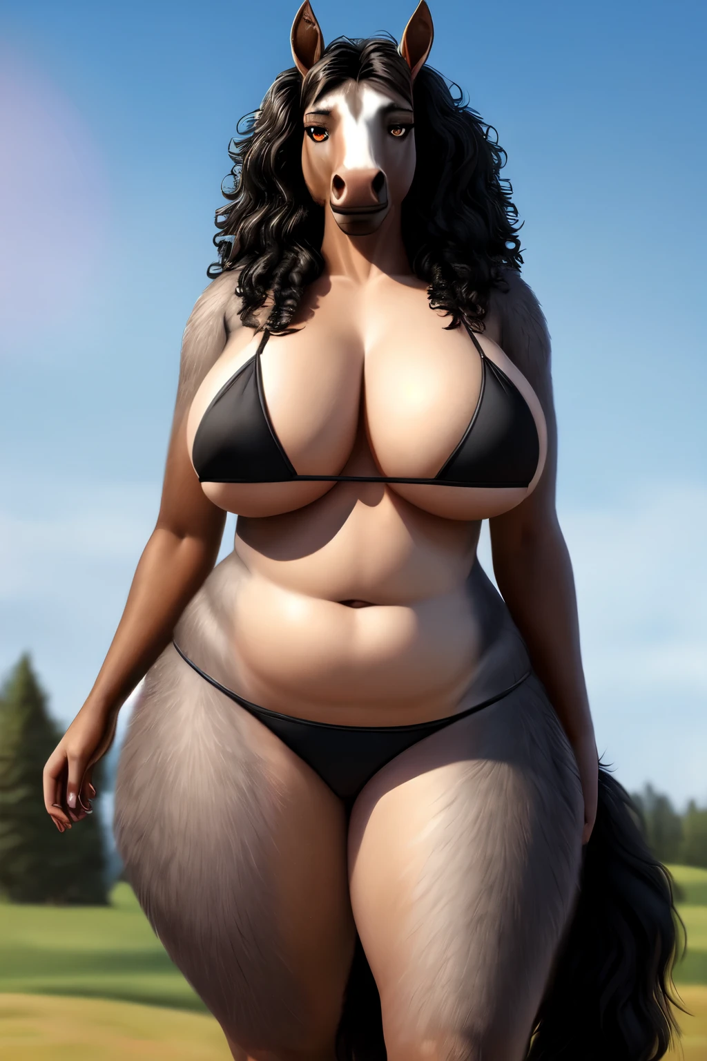 1girl, anthro furry wolf, plus size, wide thighs, full body, black curly hair, black bikini, high resolution, photorealistic, cute looking, detailed realism, detailed grey fur, 4k, soft, big butt, saggy big breasts, horse, horse riding