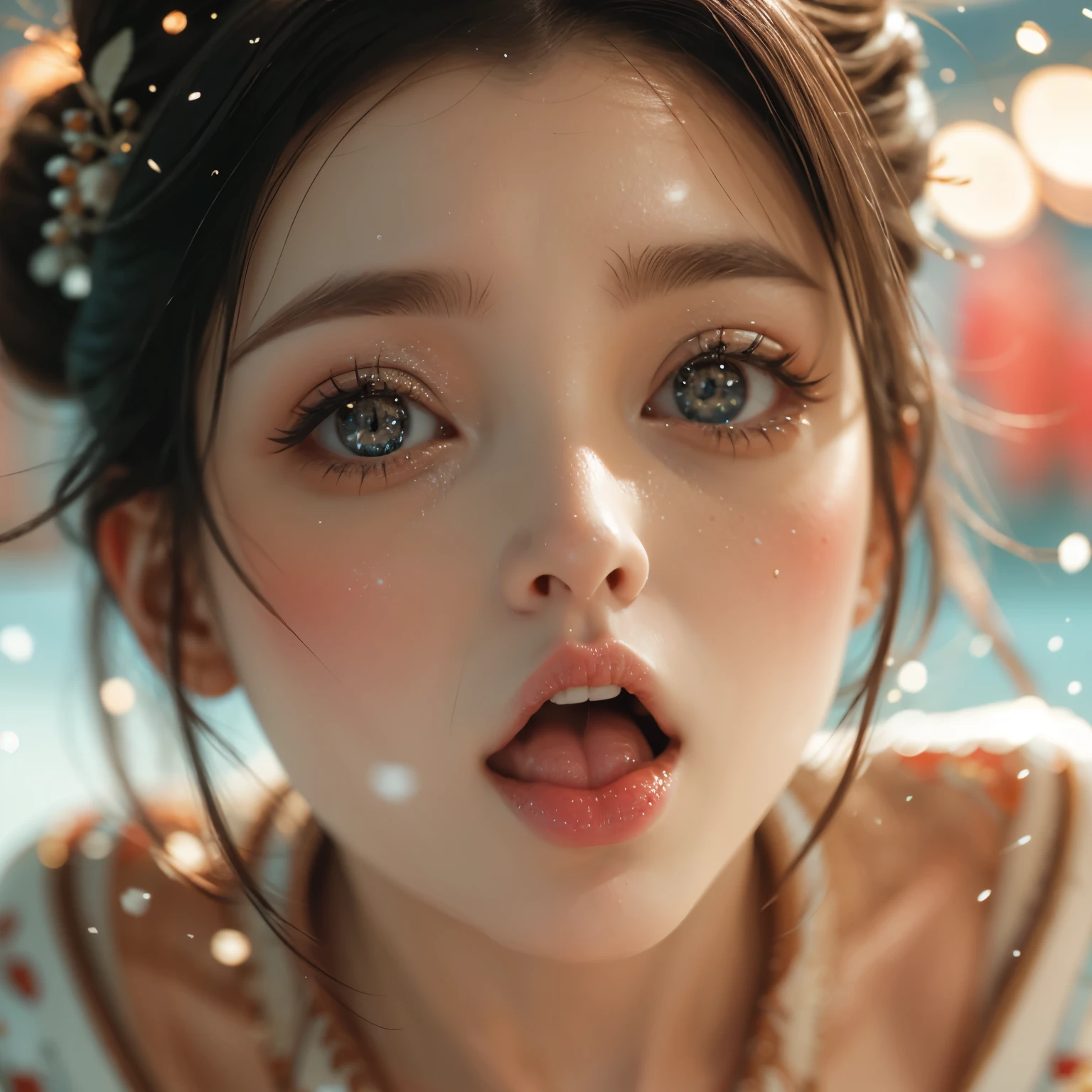 ExtremelyDetailed Kawaii girl Face,(Close-up big lips), glossy lips with beautiful details, Coquettish tongue, Kissing to camera, towards the viewer, 8K TopQuality masterpiece,an extremely delicate and beautiful (ProfessionalPhoto:1.37), Amazing,finely detail,official art,incredibly absurdres,ultra-detailed,close-up shot, close up, (fish eye lens), wide lens, macro lens, Detailed brilliant Eyes ElaboratePupils with (sparkling highlights:1.28) (Delicate Voluminous LongEyelashes:0.88), (offshoulder cum on tongue) snow particles