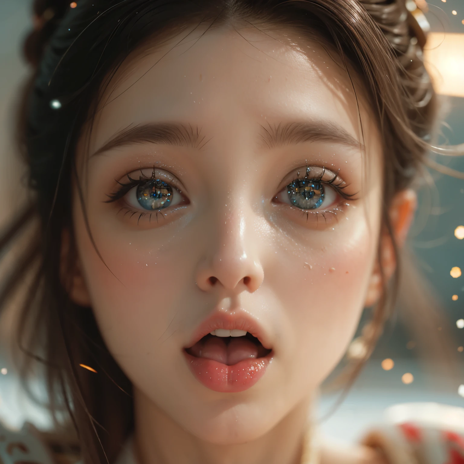 ExtremelyDetailed Kawaii girl Face,(Close-up big lips), glossy lips with beautiful details, Coquettish tongue, Kissing to camera, towards the viewer, 8K TopQuality masterpiece,an extremely delicate and beautiful (ProfessionalPhoto:1.37), Amazing,finely detail,official art,incredibly absurdres,ultra-detailed,close-up shot, close up, (fish eye lens), wide lens, macro lens, Detailed brilliant Eyes ElaboratePupils with (sparkling highlights:1.28) (Delicate Voluminous LongEyelashes:0.88), (offshoulder cum on tongue) snow particles

