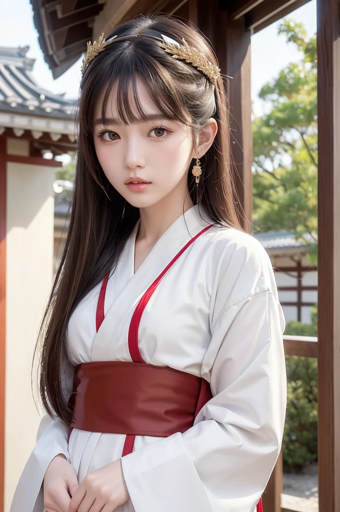 White hunting uniform, a shinto shrine maiden, detailed face, detailed eyes, detailed lips, long straight brown hair, gold simple thin hair band, red straight lines on white outfit, conservative outfit, holding silver scissors, standing in a shrine courtyard, upper body closeup, high quality, digital art, photorealistic, dramatic lighting, cinematic, masterpiece