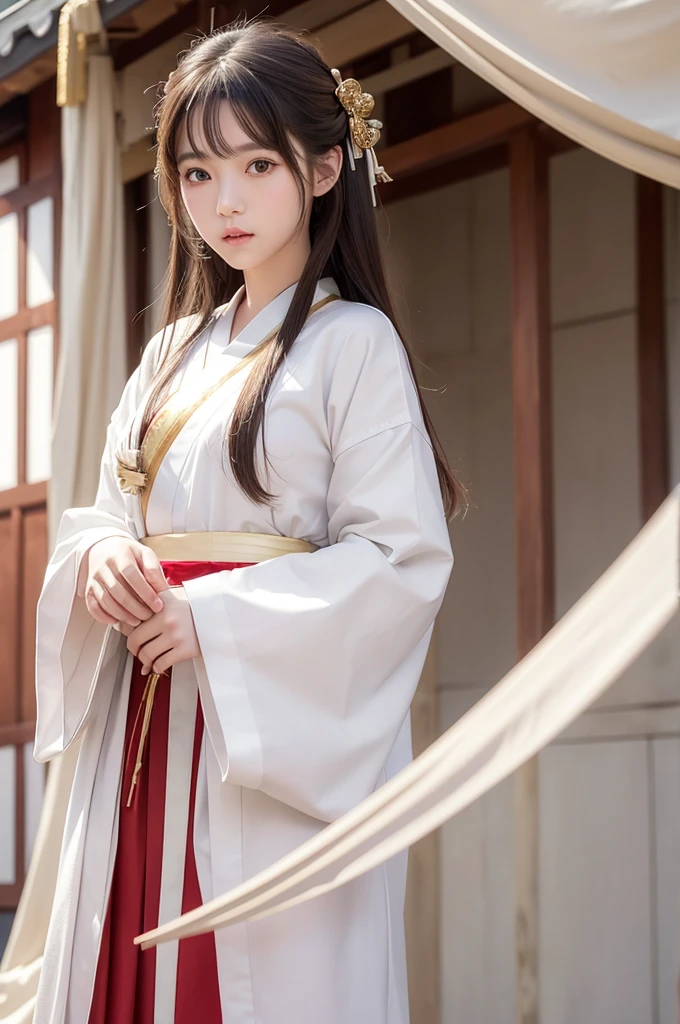 White hunting uniform, a shinto shrine maiden, detailed face, detailed eyes, detailed lips, long straight brown hair, gold simple thin hair band,  red straight lines on white outfit, conservative outfit, holding silver scissors, standing in a shrine courtyard, upper body closeup, high quality, digital art, photorealistic, dramatic lighting, cinematic, masterpiece