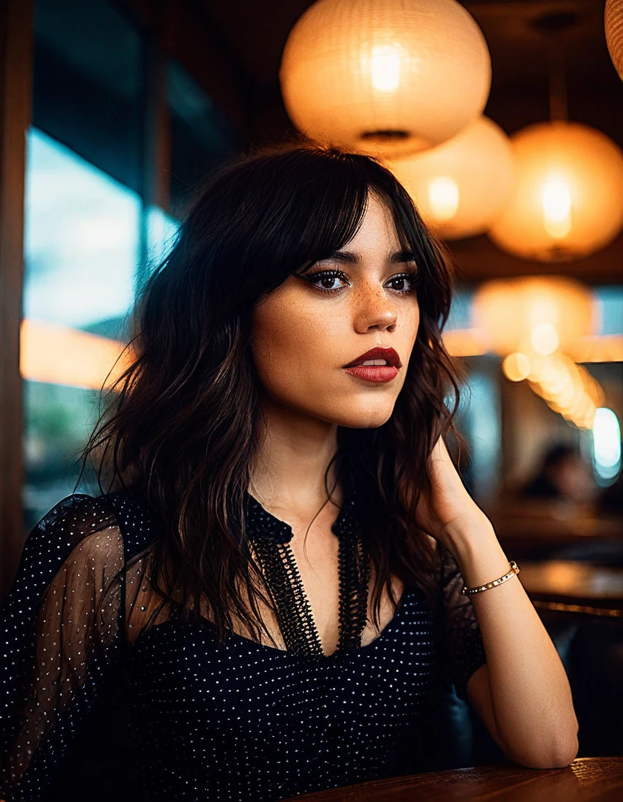 cinematic photo professional fashion close-up portrait photography of a beautiful ((Ohwx Woman)) in an Australian restaurant during the afternoon, Nikon Z9 . 35mm photography, movie, bokeh, professional, 4k, Very detailed. full lips, defined eyebrows, black and too long hair, Her V dress.