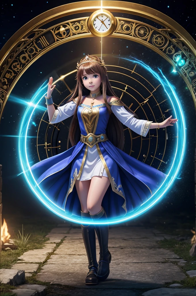 Generate an image of Future princess of guardian tales comming out of an portal and in a +1000 aura with a time machine clock in the hand in anime
