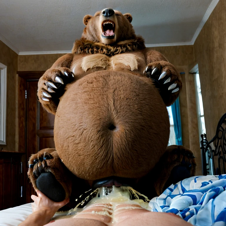 (((duo))),  ((((((human on feral bear, anal, on bed, large insertion, pov, Cowgirl position, excessive cum)))))), (((((bedroom, hyper penis, screaming, closed eyes, excessive cum, bear looking down, huge belly inflation, hands on belly, holding belly, cum from mouth, excessive cum leaking in mouth))))), masterpiece, high details, high quality, best quality, highres, HD