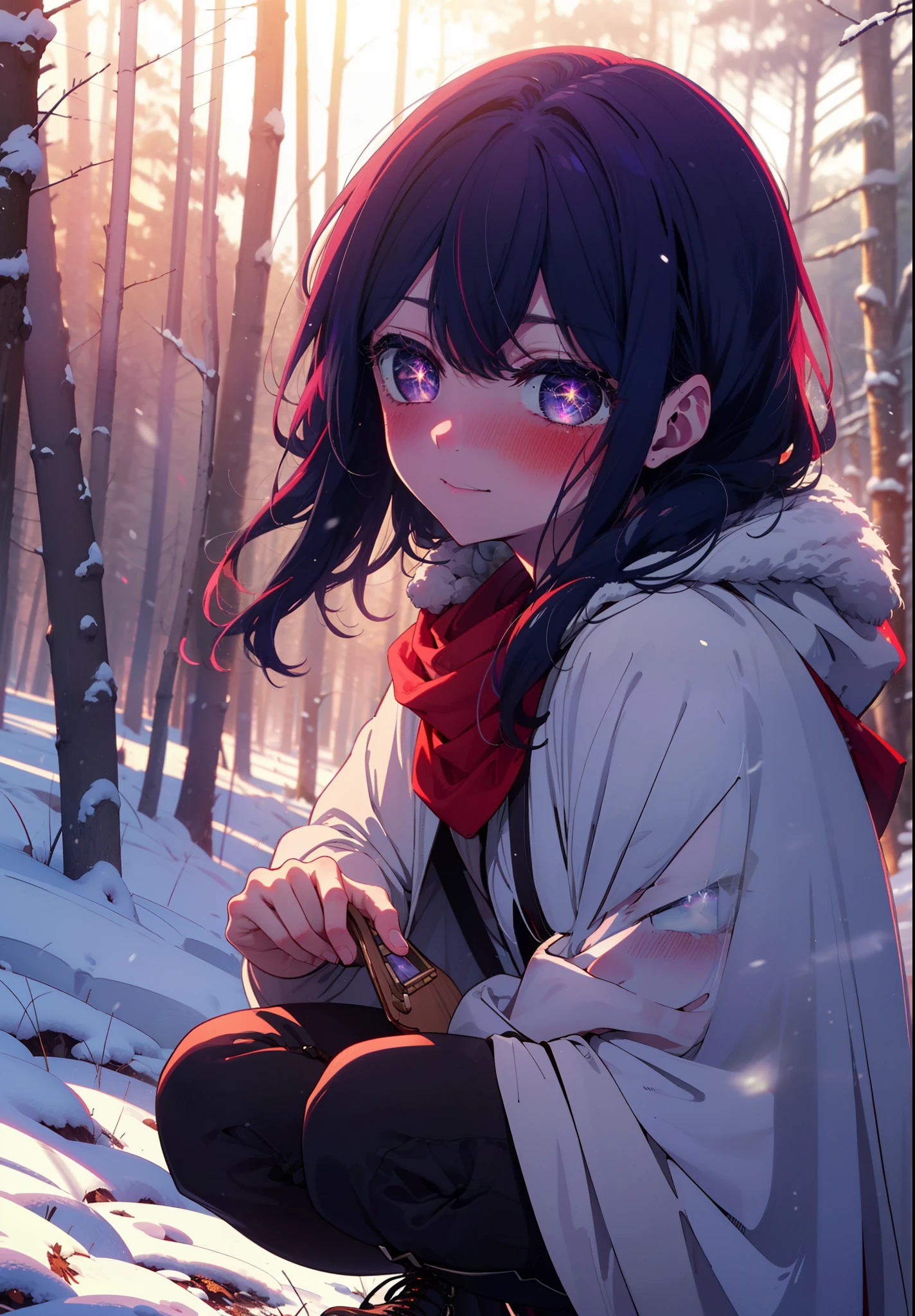 aihoshino, Ai Hoshino, Long Hair, bangs, (Purple eyes:1.1), Purple Hair, (Symbol-shaped pupil:1.5), smile,,smile,blush,white breath,
Open your mouth,snow,Ground bonfire, Outdoor, boots, snowing, From the side, wood, suitcase, Cape, Blurred, , forest, White handbag, nature,  Squat, Mouth closed, Cape, winter, Written boundary depth, Black shoes, red Cape break looking at viewer, Upper Body, whole body, break Outdoor, forest, nature, break (masterpiece:1.2), Highest quality, High resolution, unity 8k wallpaper, (shape:0.8), (Beautiful and beautiful eyes:1.6), Highly detailed face, Perfect lighting, Highly detailed CG, (Perfect hands, Perfect Anatomy),