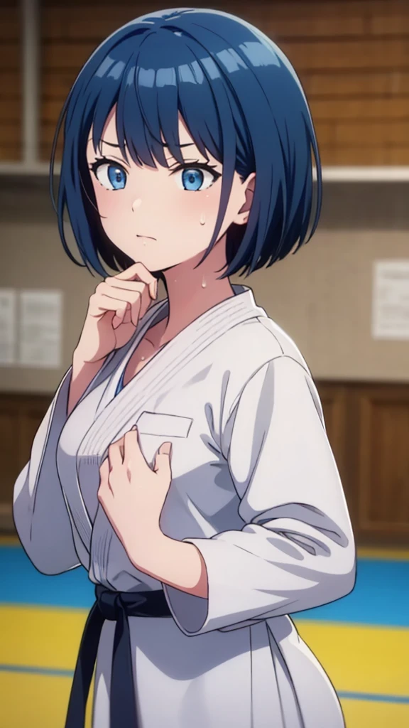 ((masterpiece, Highest quality, Very detailed, Very nice 8K CG wallpaper)), , A little thick, Medium Hair, Blue Hair, short hair, blue eyes,judo player、長袖judo着、Large bust、ロングjudoパンツ、judo、Serious expression、Inside the judo Gymnasium、、On the tatami、discovery、One Girl、Ready for battle、A tough fight、haruka kiritani、Bust Size C Cup、Sweating
