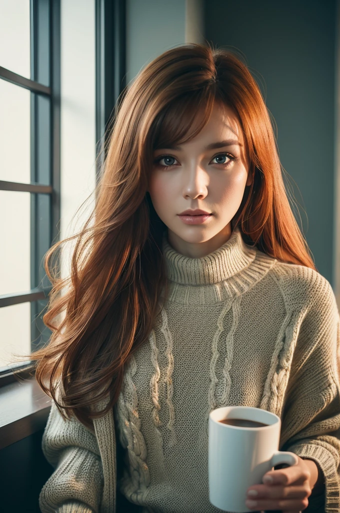 close, Portraiture, Lena Decker, ((Wear a sweater)), internal, Portraiture, kitchen, Have a coffee mug, Winter Fire, Open your eyes, Highest quality, Upper Body, Lee Jeffries Nikon D850 Film Stock Photos 4 Kodak 400 Camera F1.6 Lenses、Rich colors、Ultra-realistic and realistic texture、Natural lighting、Unreal Engine、Cinestill 800, a hot topic on Artstation, (100mm lens), Long Hair,, Redhead