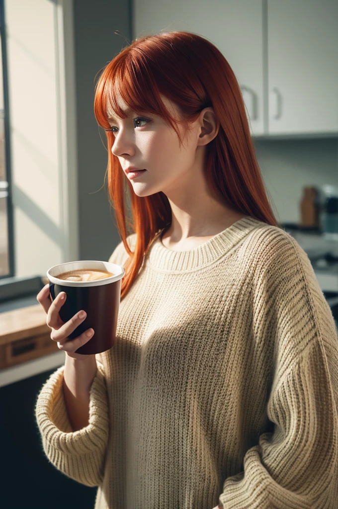close, Portraiture, Lena Decker, ((Wear a sweater)), internal, Portraiture, kitchen, Have a coffee mug, Winter Fire, Open your eyes, Highest quality, Upper Body, Lee Jeffries Nikon D850 Film Stock Photos 4 Kodak 400 Camera F1.6 Lenses、Rich colors、Ultra-realistic and realistic texture、Natural lighting、Unreal Engine、Cinestill 800, a hot topic on Artstation, (100mm lens), Long Hair,, Redhead
