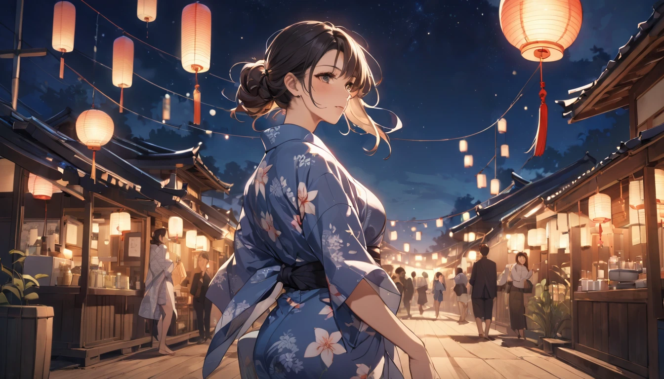 Highest quality,Girl in yukata,summer night,wind chimes