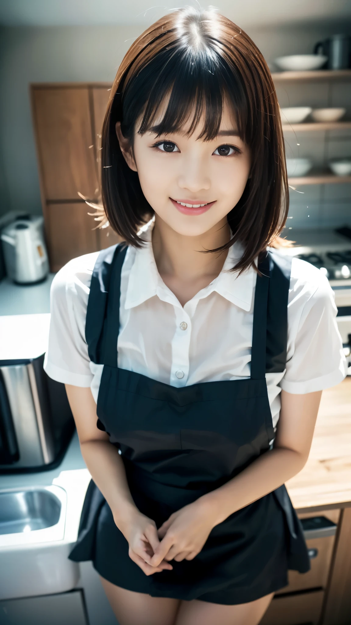 ((kitchen)), Lewd smile、(Realistic、Realistic:1.37)、(masterpiece)、(Highest quality:1.4)、(Ultra-high resolution:1.2)、(RAW Photos:1.2)、(Sharp focus:1.3)、(stand:1.2)、elegant、(Whole Body Ezbian:1.2)、((apron)), (Girls in shirts and skirts:1.3)、bangs、((Homely)), Very cute Japanese girl (A faint smile:1.3)、(Makes hair shine:1.3)、Short pleated skirt、Shooting from below、Beautiful and delicate eyes、 View your audience、Shooting from an upward angle