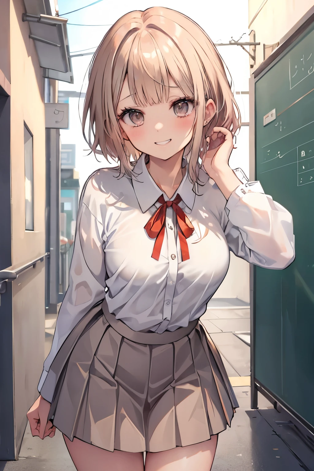 (8k、Highest quality、highest quality、masterpiece)、Detailed face、One girl、 Blonde、short hair、Short Bob、brown skin、blunt bangs、Grey Eyes、smile、((Grin))、Small breasts、((white shirt))、((red ribbon))、((Pleated skirt))、((school uniform))、Cowboy Shot、((bent over))、Back Alley Background、Very large breasts、blush、Embarrassed、Exposing the breasts、Bare your breasts