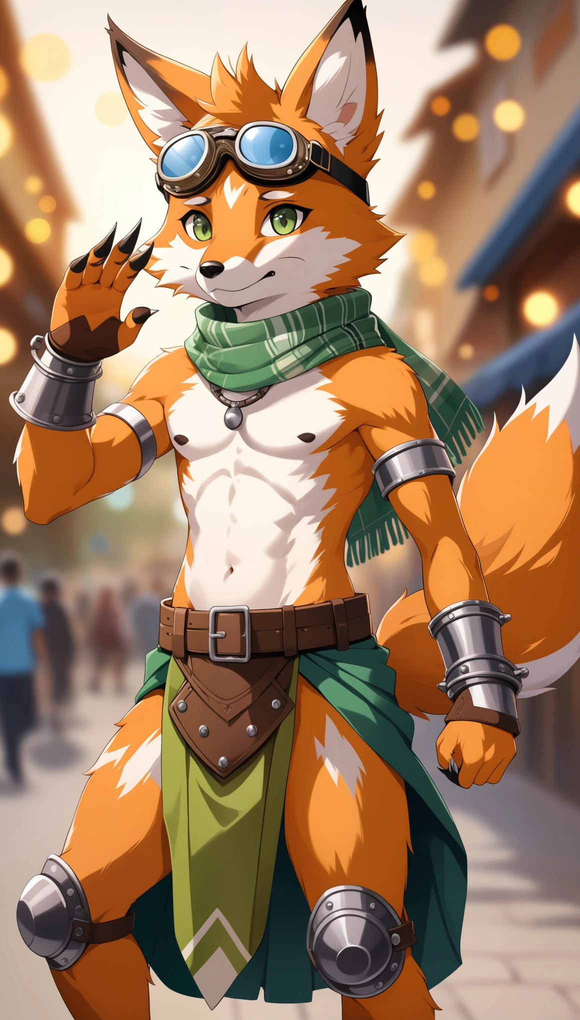 8K, RAW, best quality, masterpiece, ultra high res, colorful, full body portrait, (medium wide shot), (dynamic perspective), sharp focus , (depth of field, bokeh:1.3), extremely detailed eyes and face, beautiful detailed eyes, 
teen Furry, solo, furry, teenager, red fox, spiked brown hair only on head, collar, brown eyes, goggles, green loincloth, green scarf, elbow pads, knee pads, masterpiece, No muscles, Detailed hands, detailed face, detailed eyes, detailed body, Flat body, Skinny, claws, high resolution, metal cuffs on wrists, metal cuffs on ankles, no shirt, no underwear, waving