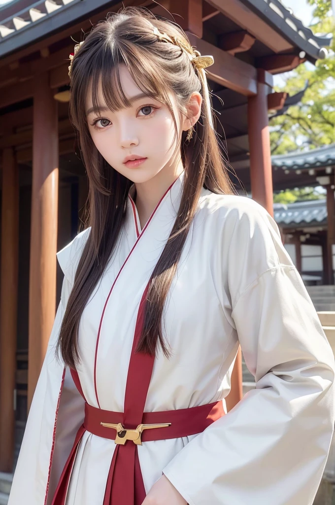 White hunting uniform, a shinto shrine maiden, detailed face, detailed eyes, detailed lips, long straight brown hair, gold simple thin hair band, red straight lines on white outfit, conservative outfit, holding silver scissors, standing in a shrine courtyard, upper body closeup, high quality, digital art, photorealistic, dramatic lighting, cinematic, masterpiece