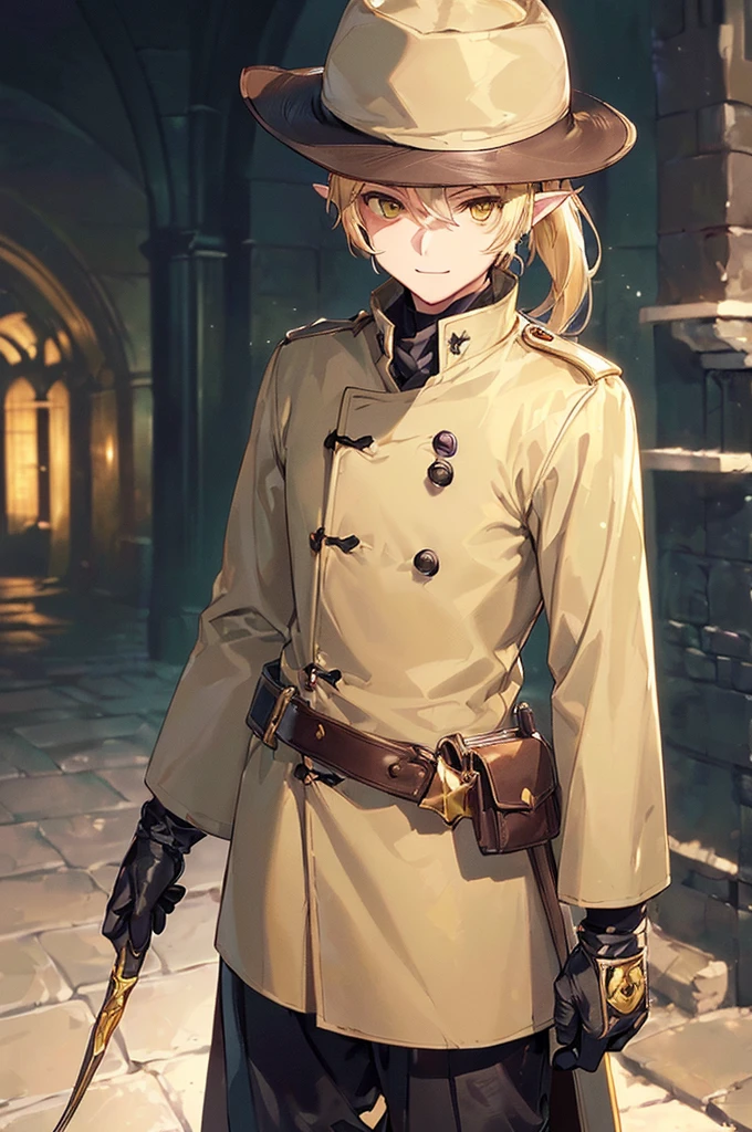 (((masterpiece; best quality: 1.2))), (finely detailed eyes: 1.3), (25 year old elf man), (solo), (yellow eyes: 1.4), (body; toned, fit, masculine: 1.3), (silky blonde hair in low ponytail: 1.3), (beautiful and clear background: 1.2), ((depth of field)), (equipment: adventurer garb + modest + elegant wide-brimmed hunter hat + beige overcoat + shirt + long black slanted cape + black pants + gloves + belt + pouches: 1.3), (anime illustration: 1.2), (background composition; royal garden: 1.1), (extremely fine and handsome: 1.1), (shot composition; standing + centered on torso + close-up: 1.5), (expression; calm, smile: 1.2)