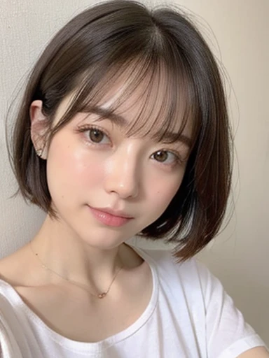 White wall、Brown T-shirt、Medium Short Hair、Soft smile