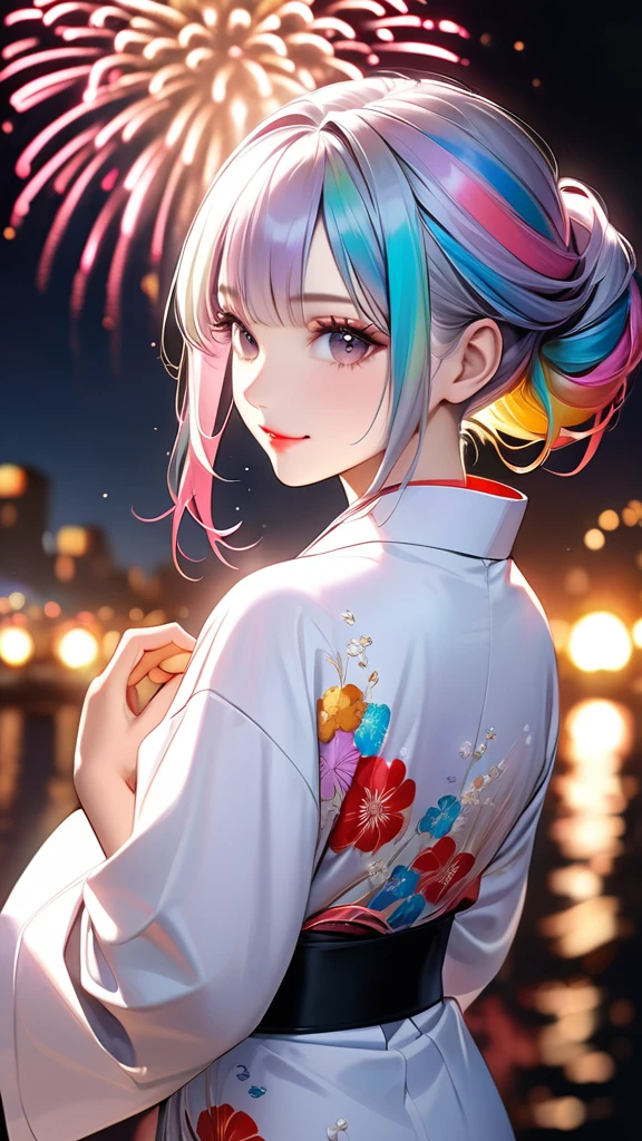 A beautiful and divine woman wearing a clean and refreshing white and pink yukata.々A beautiful woman.々Beautiful Goddess, Rainbow Hair,Medium long hairstyle,Beautiful attention to detail, Beautiful lip detail, Highly detailed face, Long eyelashes, Friendly and polite expressions, red, Round crystals in both hands, The perfect uniform, High quality lighting, Realistic, 8k, Highest quality, masterpiece, Professional, Studio Lighting,The background is a fireworks display,Fully facing backwards