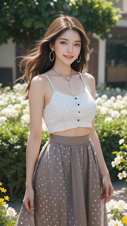 (Highest quality、 8k 、masterpiece、High resolution)、Young lovely woman、Ample 、Smooth and unnoticeable collarbone、Slender beauty、(Brown hair medium、My hair is blowing in the wind、Flows backwards)、Full Body Shot、 (Beautiful Face,Beautiful Eyes,Beautiful nose,Pretty lips)、(Stephanie hoove earrings、silver heart necklace)、((Black tops、White and monochrome dot long skirt(Ankle length))、Her mouth opens slightly and a smile appears.、Dynamic pose、Outdoor、(A Western-style garden filled with blooming flowers)、A red brick building is visible、Colorful flowers、looking at the camera、Professional Lighting、Professional photographer、Detailed CG、