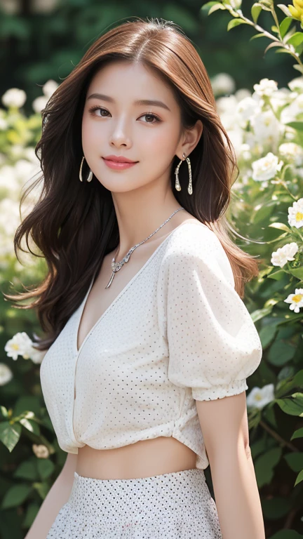 (Highest quality、 8k 、masterpiece、High resolution)、Young lovely woman、Ample breasts、Smooth and unnoticeable collarbone、Slender beauty、(Brown hair medium、My hair is blowing in the wind、Flows backwards)、Full Body Shot、 (Beautiful Face,Beautiful Eyes,Beautiful nose,Pretty lips)、(Stephanie hoove earrings、silver heart necklace)、((Black tops、White and monochrome dot long skirt(Ankle length))、Her mouth opens slightly and a smile appears.、Dynamic pose、Outdoor、(A Western-style garden filled with blooming flowers)、A red brick building is visible、Colorful flowers、looking at the camera、Professional Lighting、Professional photographer、Detailed CG、
