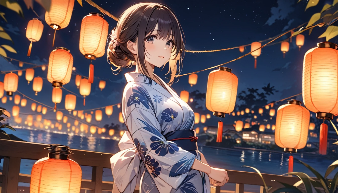 Highest quality,Girl in yukata,summer night,Lantern