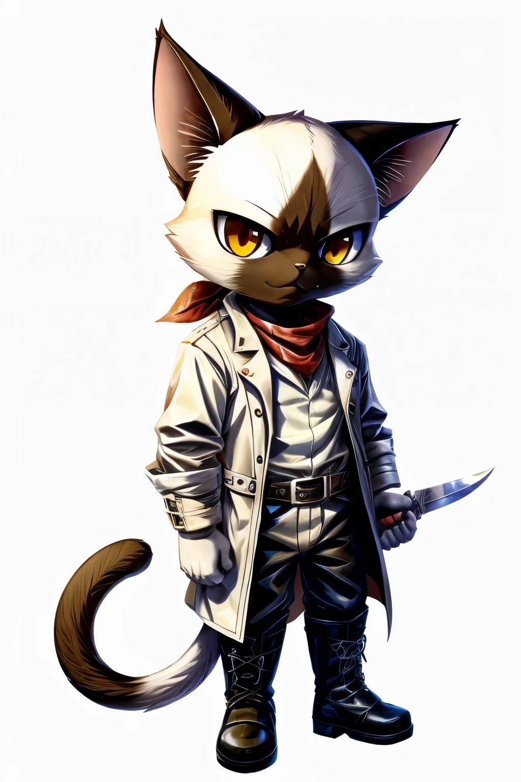 Cat People、Cait Sith、dagger、Leather boots、Siamese cat、bandana、White coat、male、White background、1 person、thief