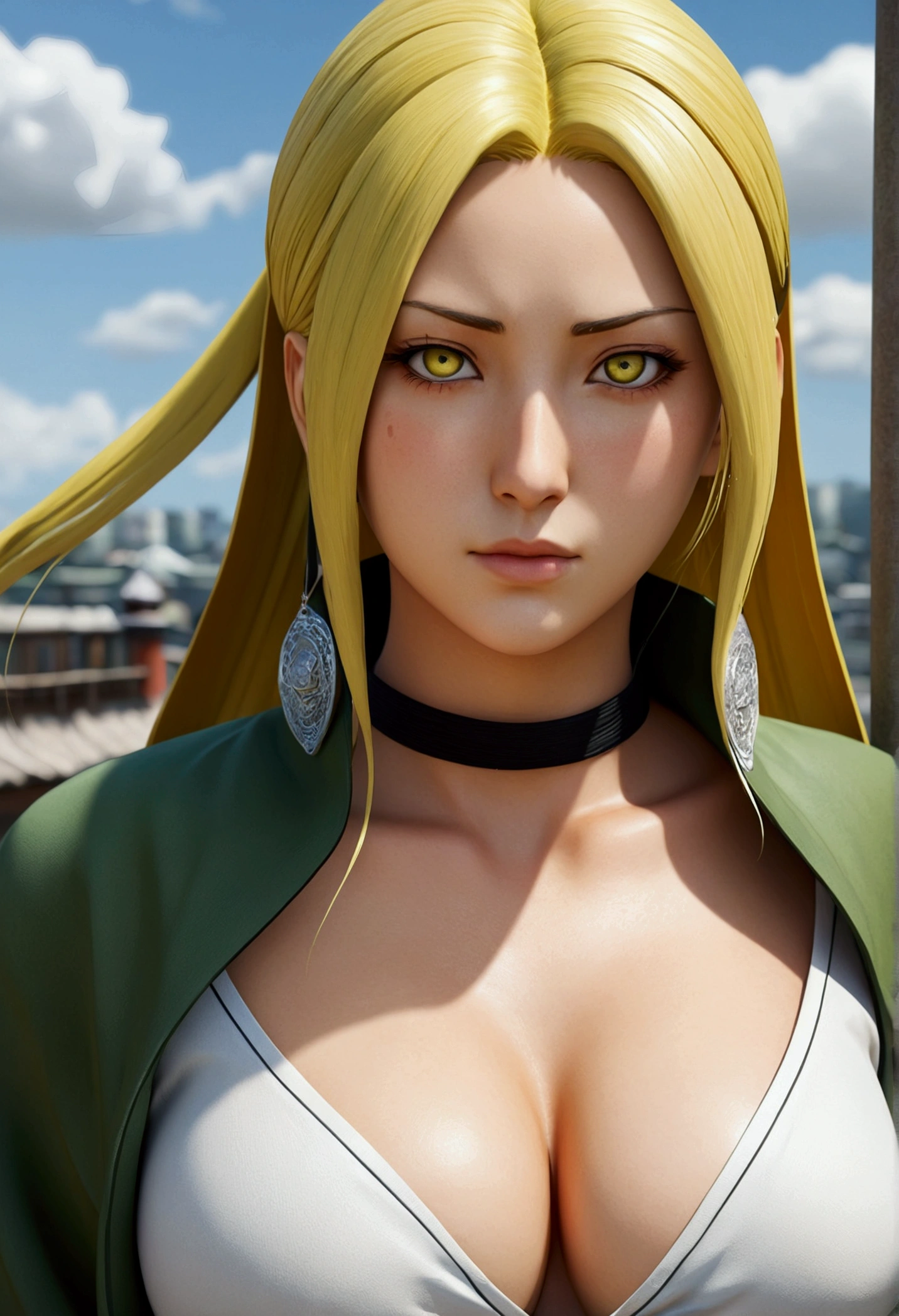 real Life adaption of this character,her name Tsunade senju from anime naruto ,hyper realistic ,very realistic detailed yellow hair, high resolution, photorealistic,very detailed,very realistic outfit, Japanese face,detailed shining eyes, longing expression, realism, cleavage, large breasts, naked