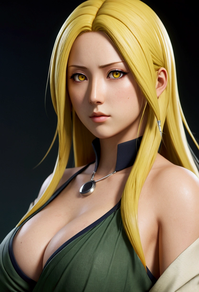 real Life adaption of this character,her name Tsunade senju from anime naruto ,hyper realistic ,very realistic detailed yellow hair, high resolution, photorealistic,very detailed,very realistic outfit, Japanese face,detailed shining eyes, longing expression, realism, cleavage, large breasts, naked 