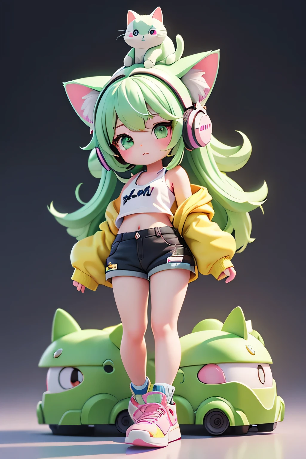 Highest quality、masterpiece、Official Art、The best configuration、Very detailed、Chibi 3D Figures、DJing、The whole body is shown、The girl has green eyes、Hairstyle：Shortcuts、White and green gradient hair color、Cat ear headphones on head、Yellow belly-baring tank top、Pink shorts、Speakers in the background