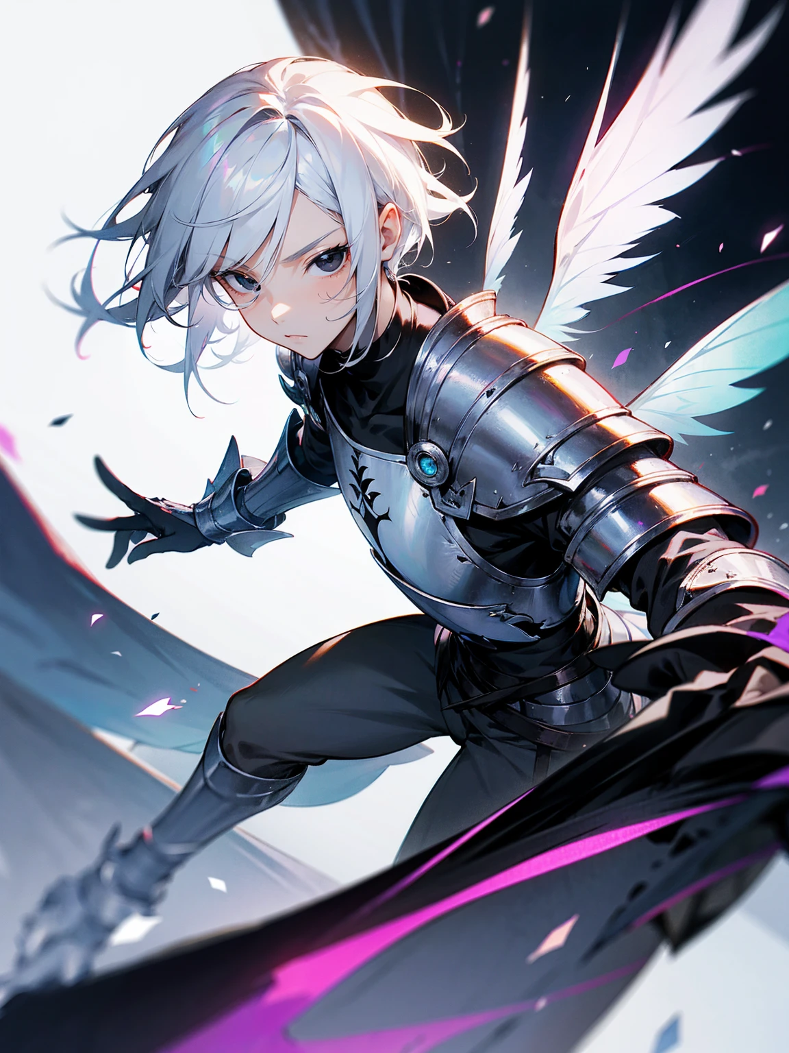 1male, white hair, armor, ((black eyes)), heterochromia, armor, black fairy wings,void