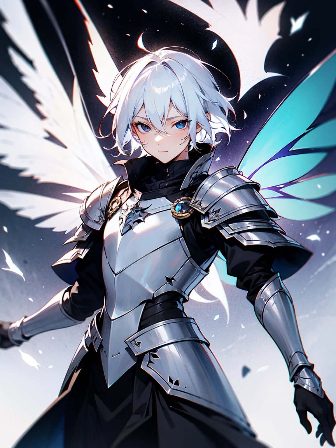 1male, white hair, armor, ((black eyes)), heterochromia, armor, black fairy wings,void