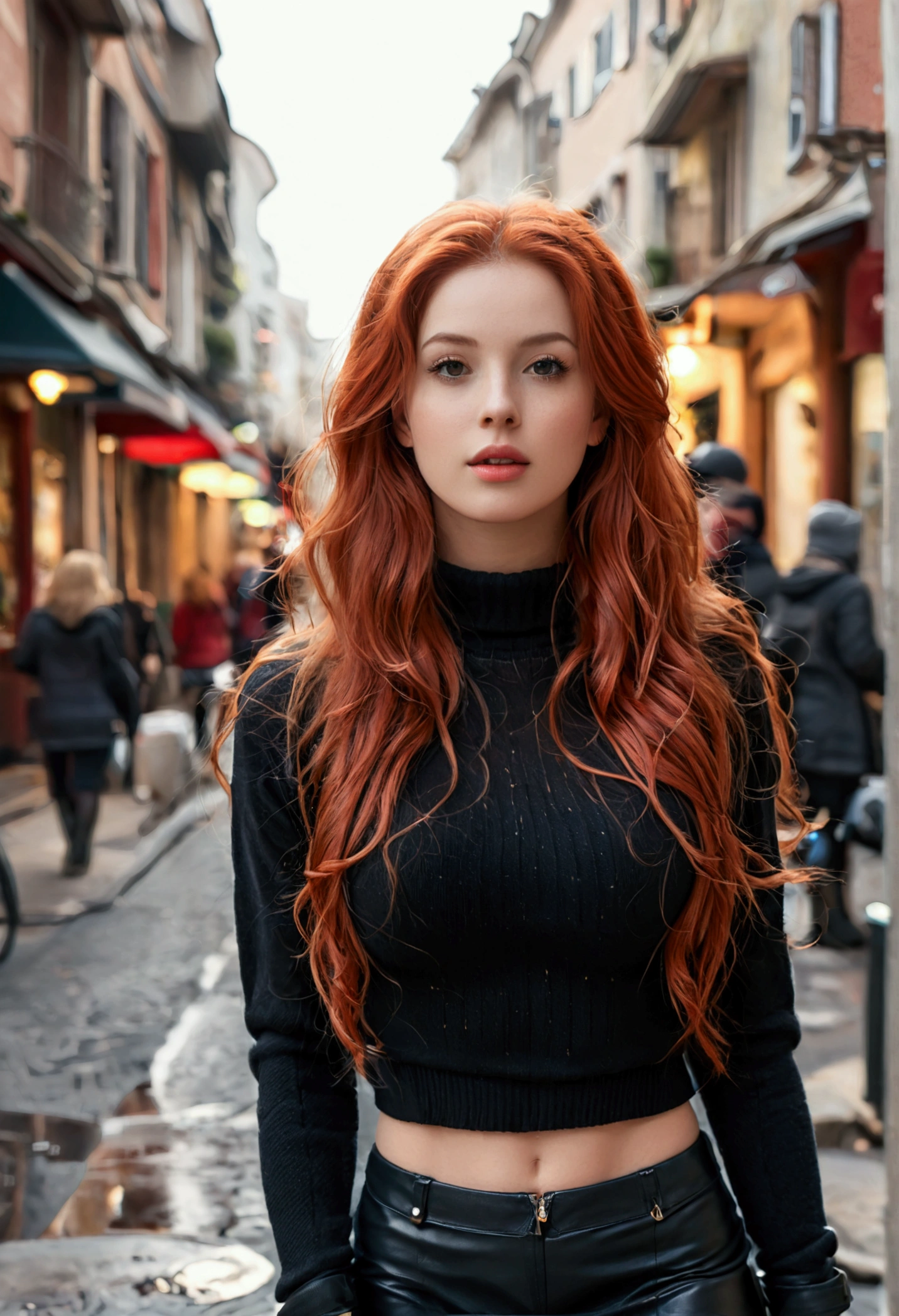 (full body shot:1.1) photorealistic image of a (standing pose:1.1) woman, ultra realistic, photography, long red hair, girl, 24 years old, hourglass figure, perfect body, Flirty look, natural medium breasts, blur background, walking on a street, red tight sweater, black mini skirt, tights, black boots