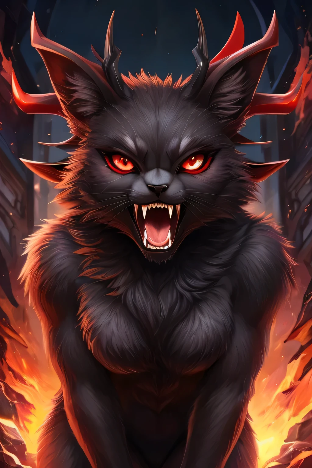 (high-res masterpiece)) , ((best quality)), illustration, furry, 
cat, animal ears, 4ears, tail, bodyfur, black fur, female , upper body, 1girl, solo *//*, red eyes, *//* looking at viewer, sharp fangs, open mouth, snarl, horns, deranged, 