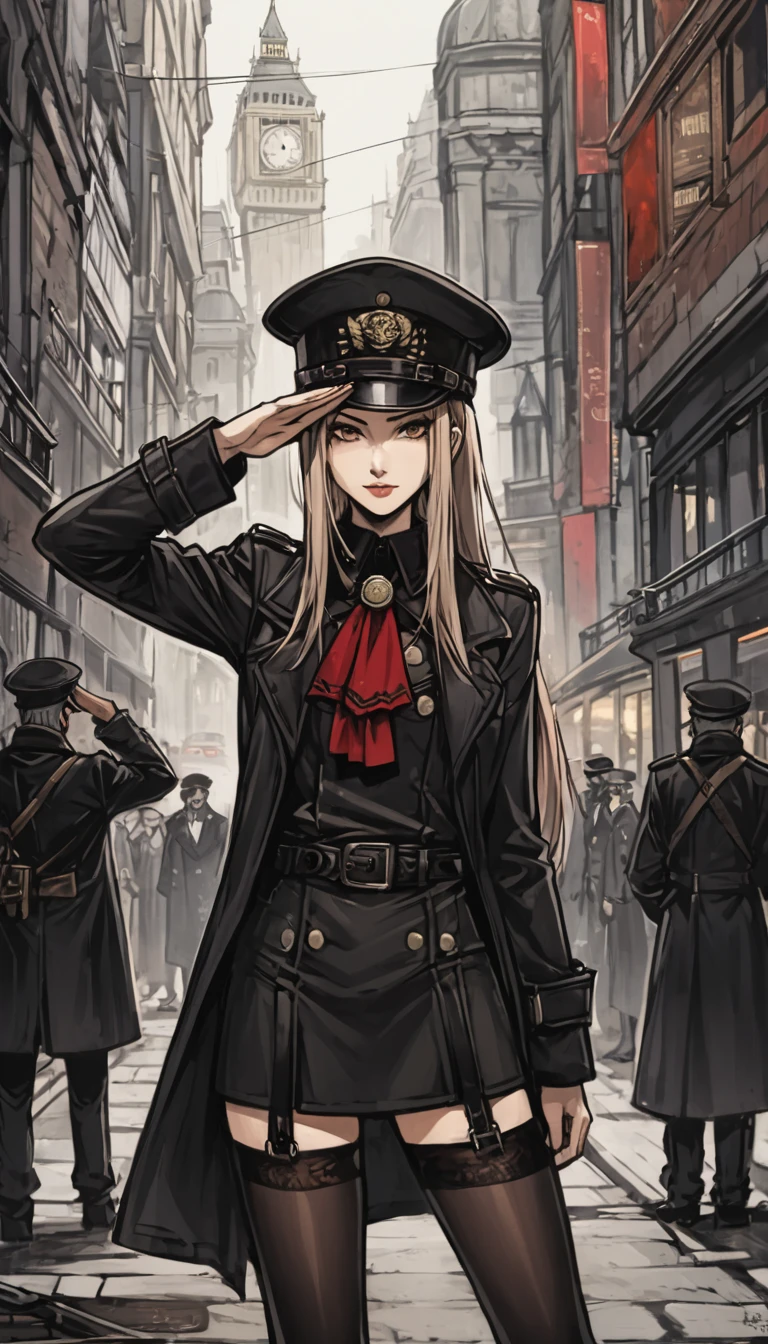Santiago Caruso style,One girl,London Fashion,Female Agent,black,garter,military cap,Railroad Man Coat,Tyrolean hat,(from the front:2.0),new age,银色Long Hair,ponytail,Long Hair,Cowboy Shot,View your viewers,(bangs_fixed_return:1.0),salute,Look at the people,A gun is attached to his waist,Red tassel ribbon,