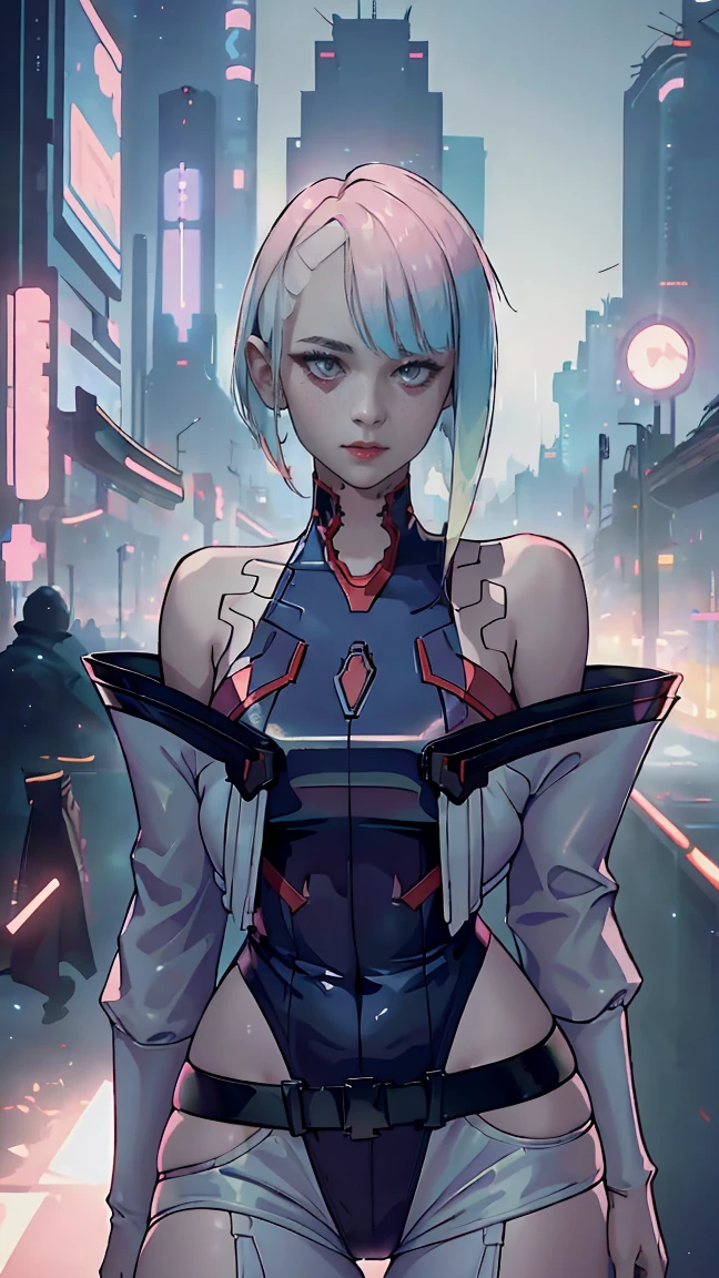 1 girl, One, Lucy \(cyberpunk\), cyberpunk \(row\), very y, Erosymmetrical Hair, nude, veryy, Erotica,ort hae hair, green hair, pink hair, multicolored hair, Blue eyes, Eyeliner, eyeshadow, draw up, bare shoulders, portrait, I look at the viewer, cyberpunk, hlpr, Futuristic, hologram, failure, holographic face, пользовательский interface, interface, Nodes, particles, depth of field, hips, masterpiece, Best quality, very aesthetic, absurdity,
